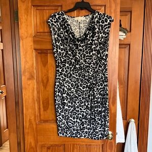 Michael Kors Black/White Leopard Print Dress Size L Cowl neckline, knot at waist